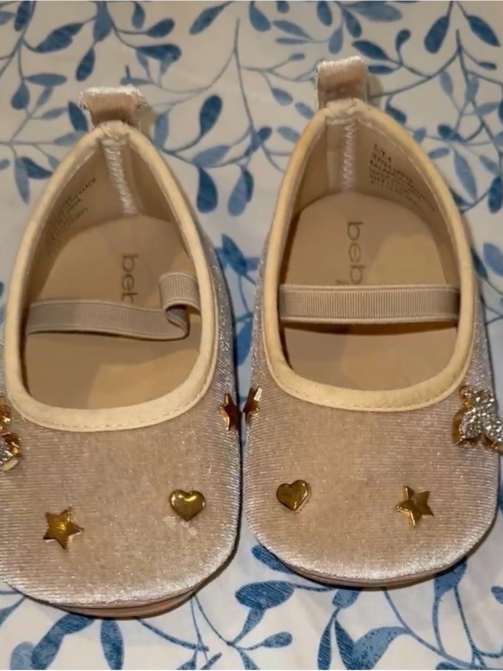 bebe Champagne Gold Glitter Mary Jane Shoes with Heart & Star Accents